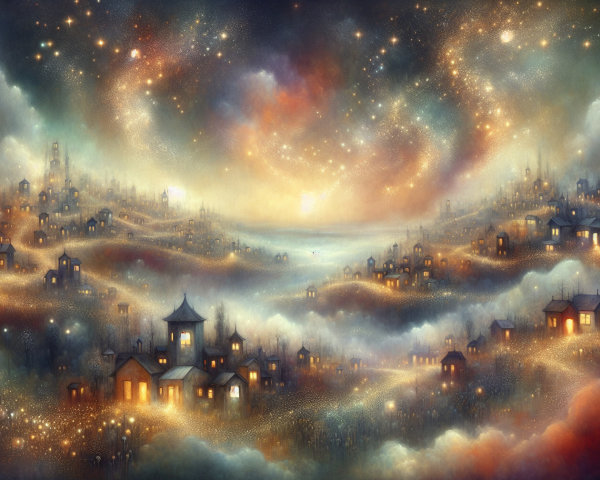 Dreamy Landscape with Quaint Houses and Cosmic Sky