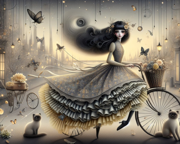 Whimsical Scene of Girl on Bicycle with Cats and Butterflies