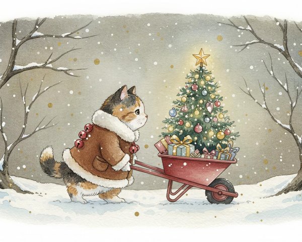 Calico Cat Kitten in Winter Forest with Christmas Scene