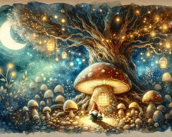 Moonlit Fantasy Forest with Mushroom House and Gnomes