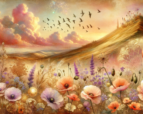 Serene Landscape with Hills, Flowers, and Birds