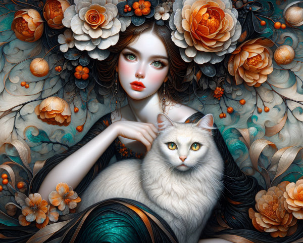 Detailed Illustration of Woman with Cat and Flowers