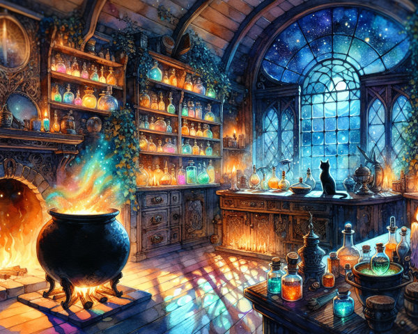 Vibrant Potion Lab with Cauldron and Starry Sky