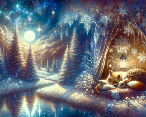 Winter Wonderland Scene with Moonlit Wildlife