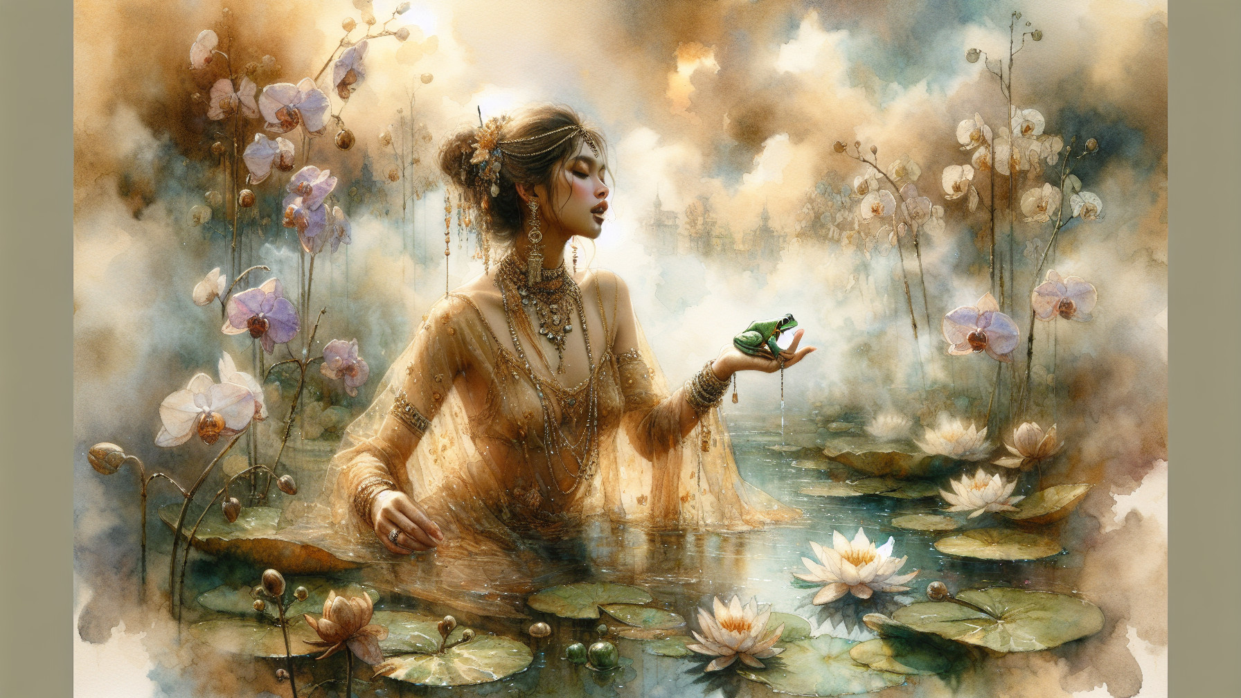 Graceful Woman in Tranquil Pond with Lotus Flowers
