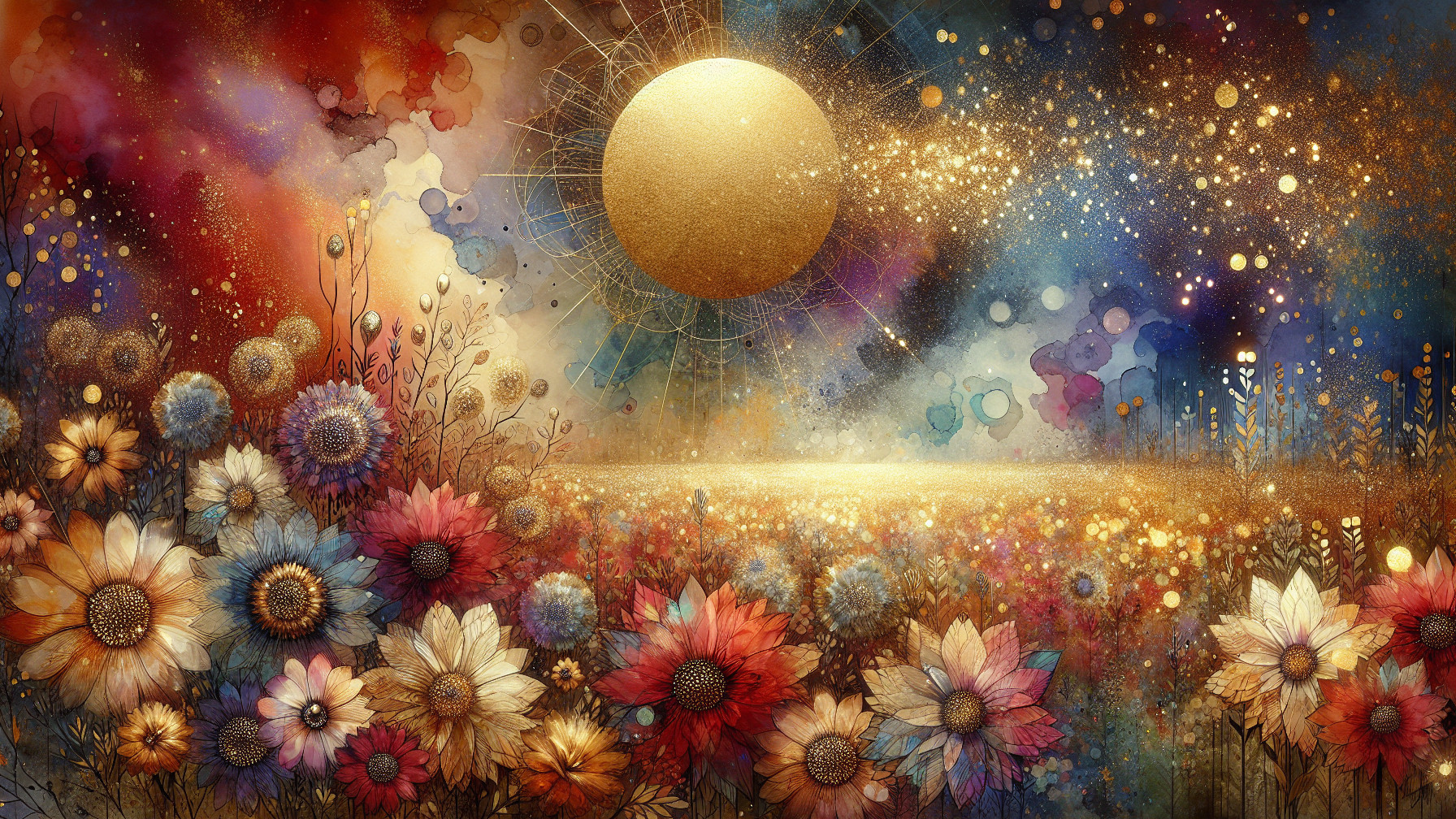 Vibrant Floral Landscape with Cosmic Elements