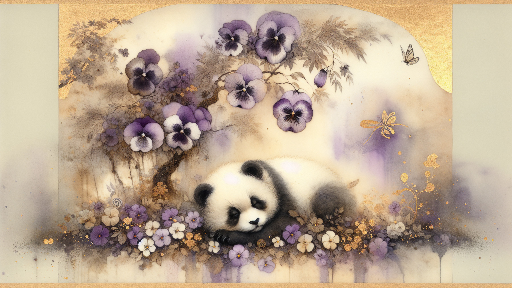 Panda Surrounded by Purple and White Pansies