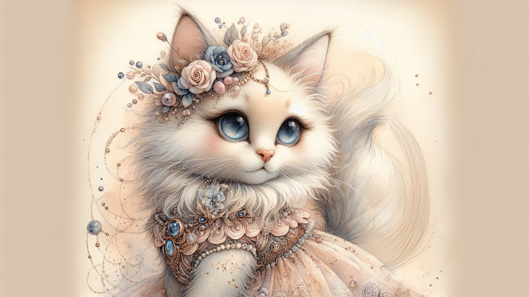Illustration of a Cat in Floral Crown and Jewelry