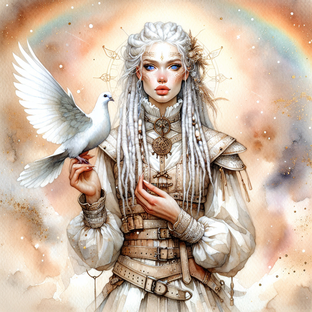 Serene woman with braided hair and dove in vintage outfit