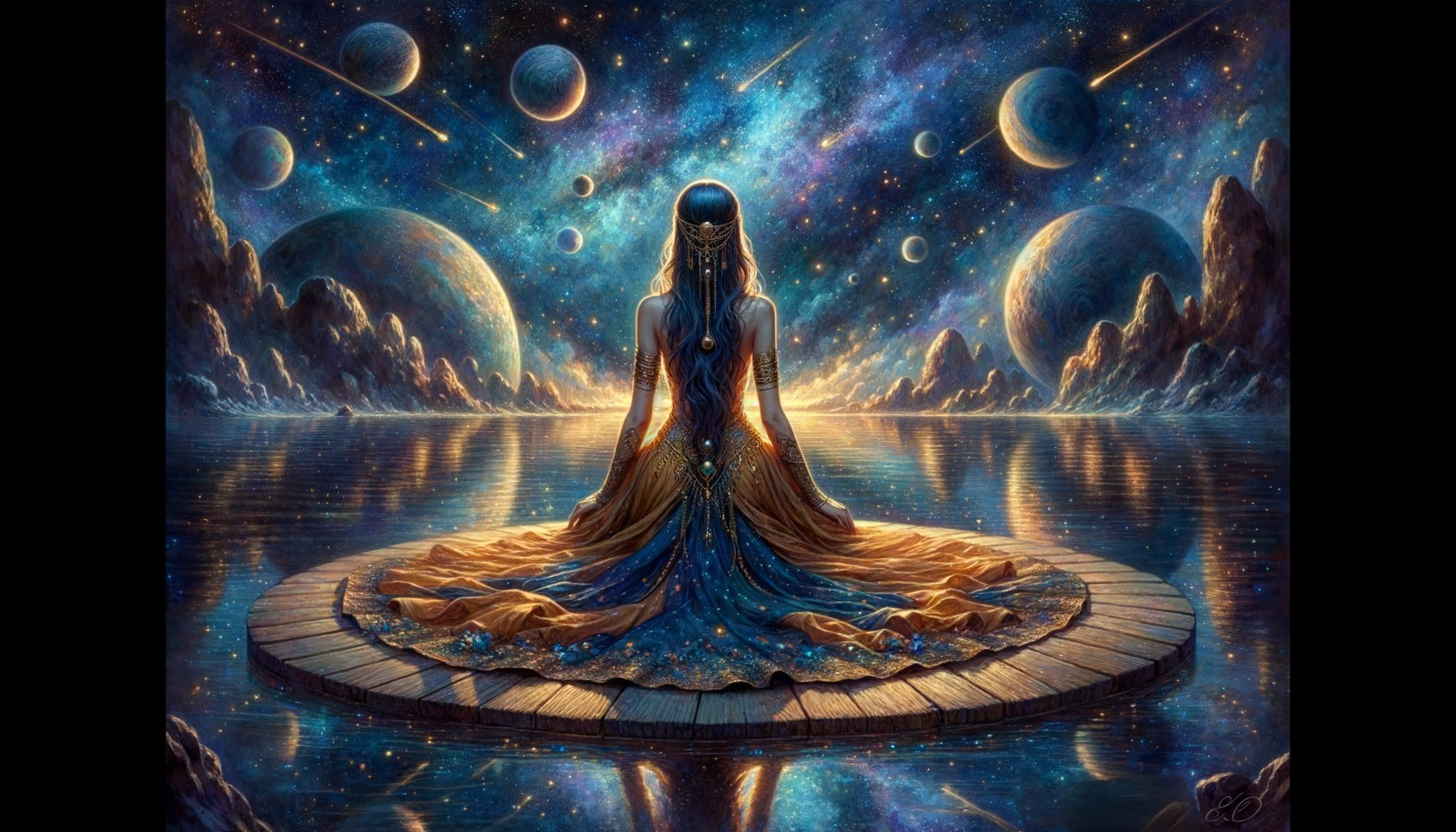 Serene Figure on Platform Amidst Cosmic Night Sky