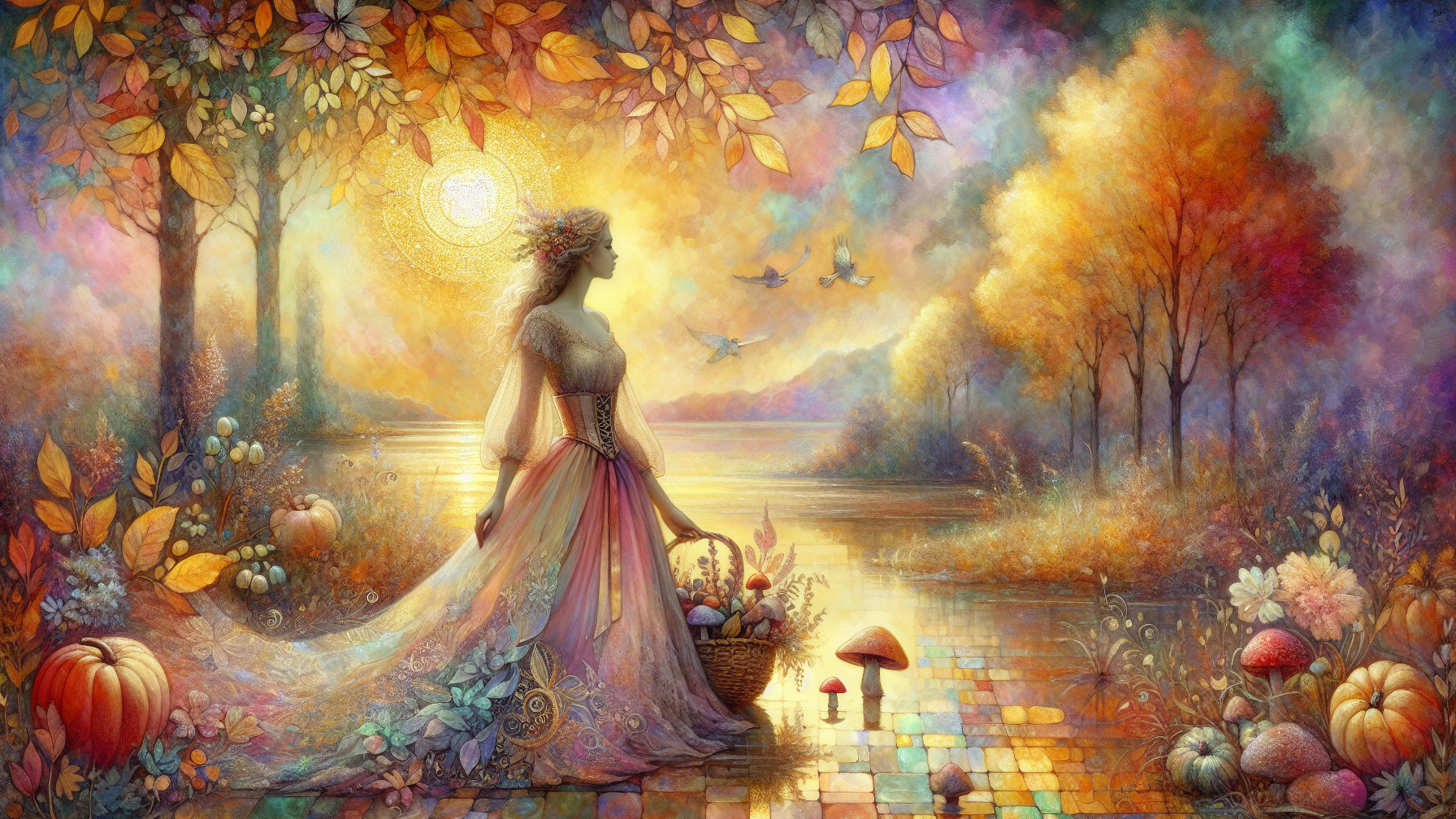 Serene scene of a woman with fruits and autumn leaves
