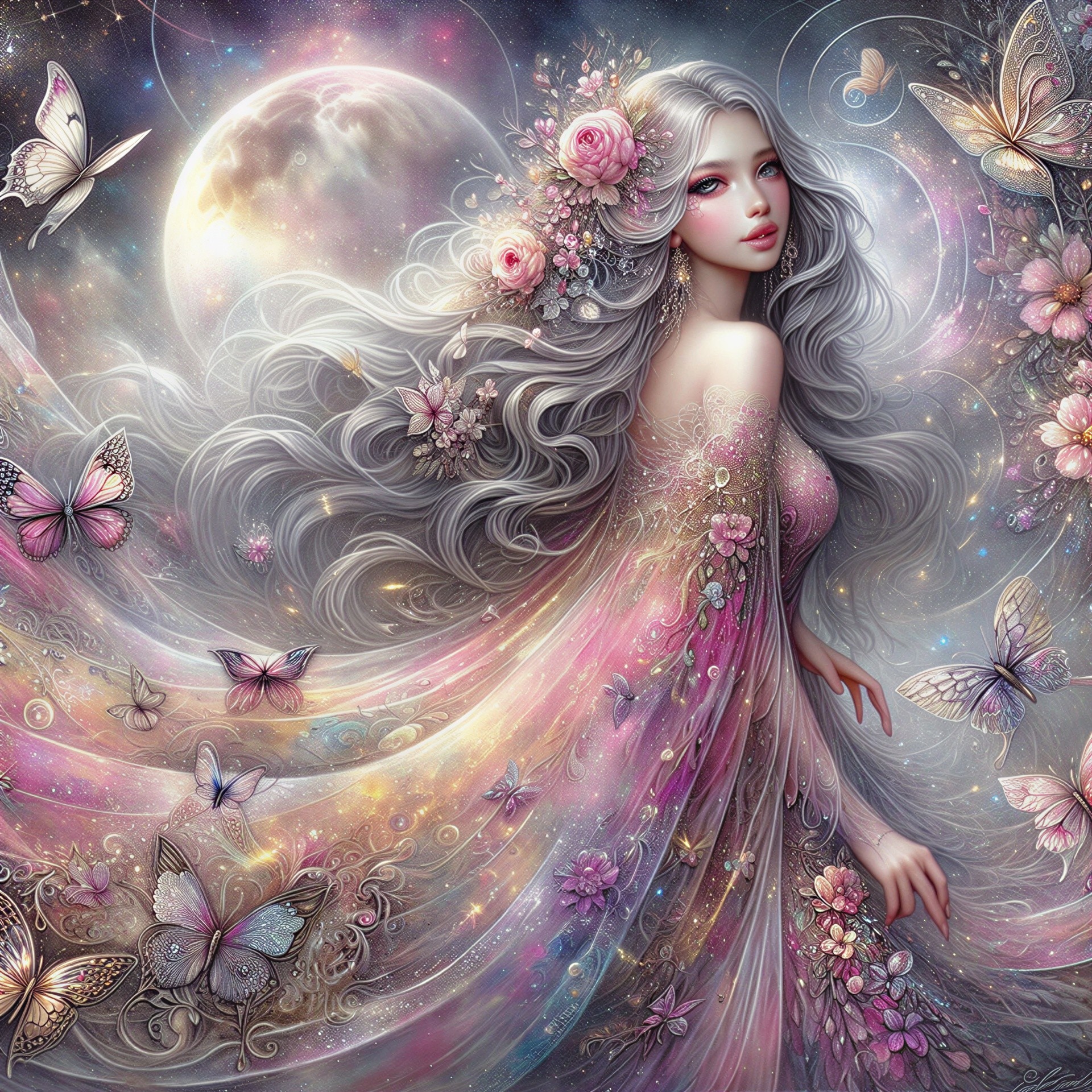 Mystical Woman in Ethereal Gown Against Cosmos