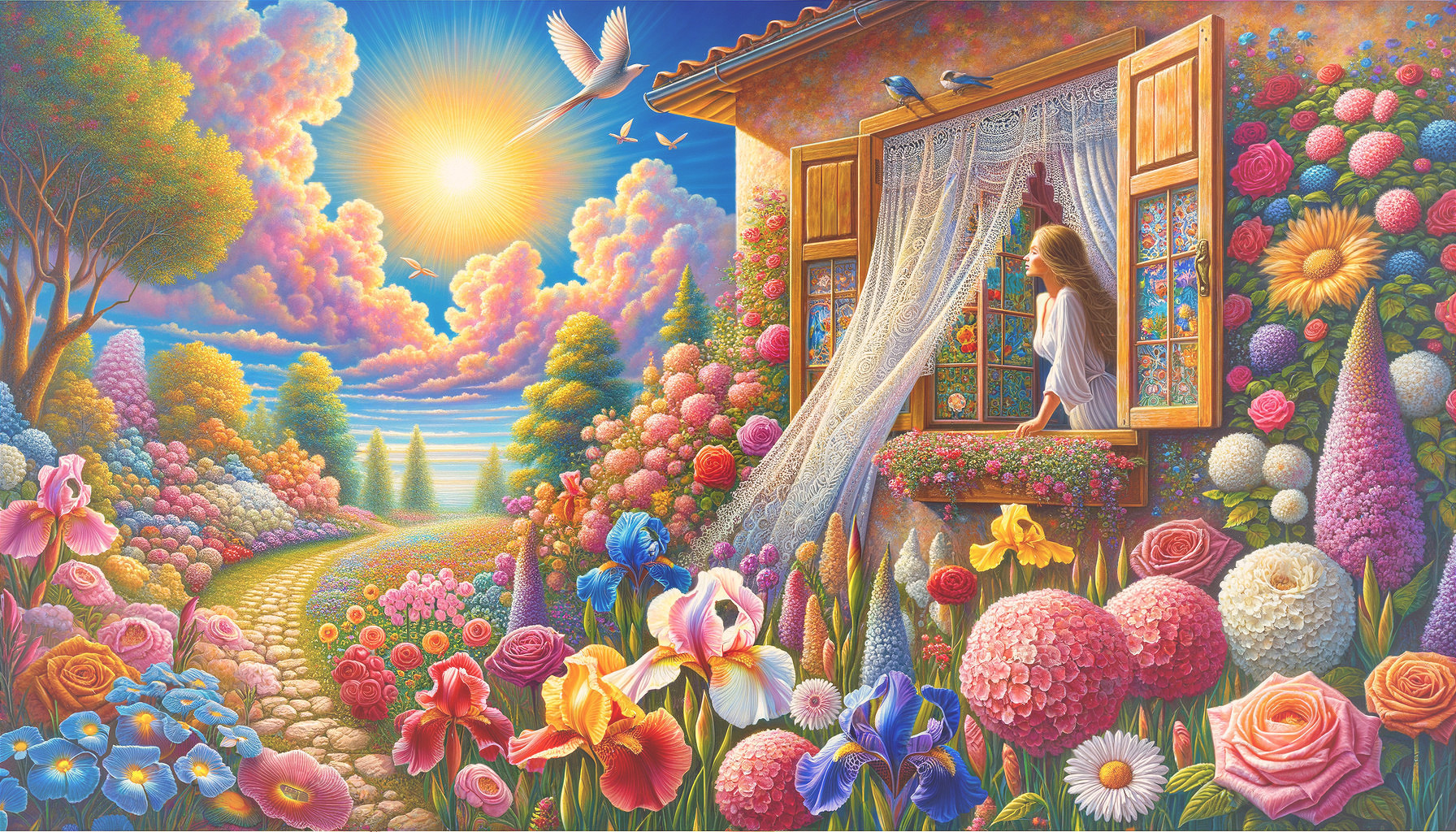 Woman by Window Surrounded by Colorful Flowers