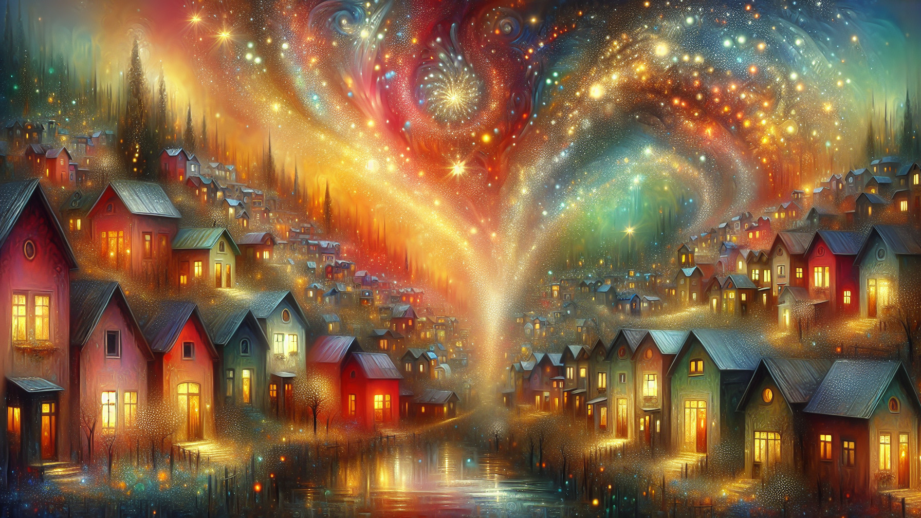 Whimsical Landscape with Colorful Houses and Waterway