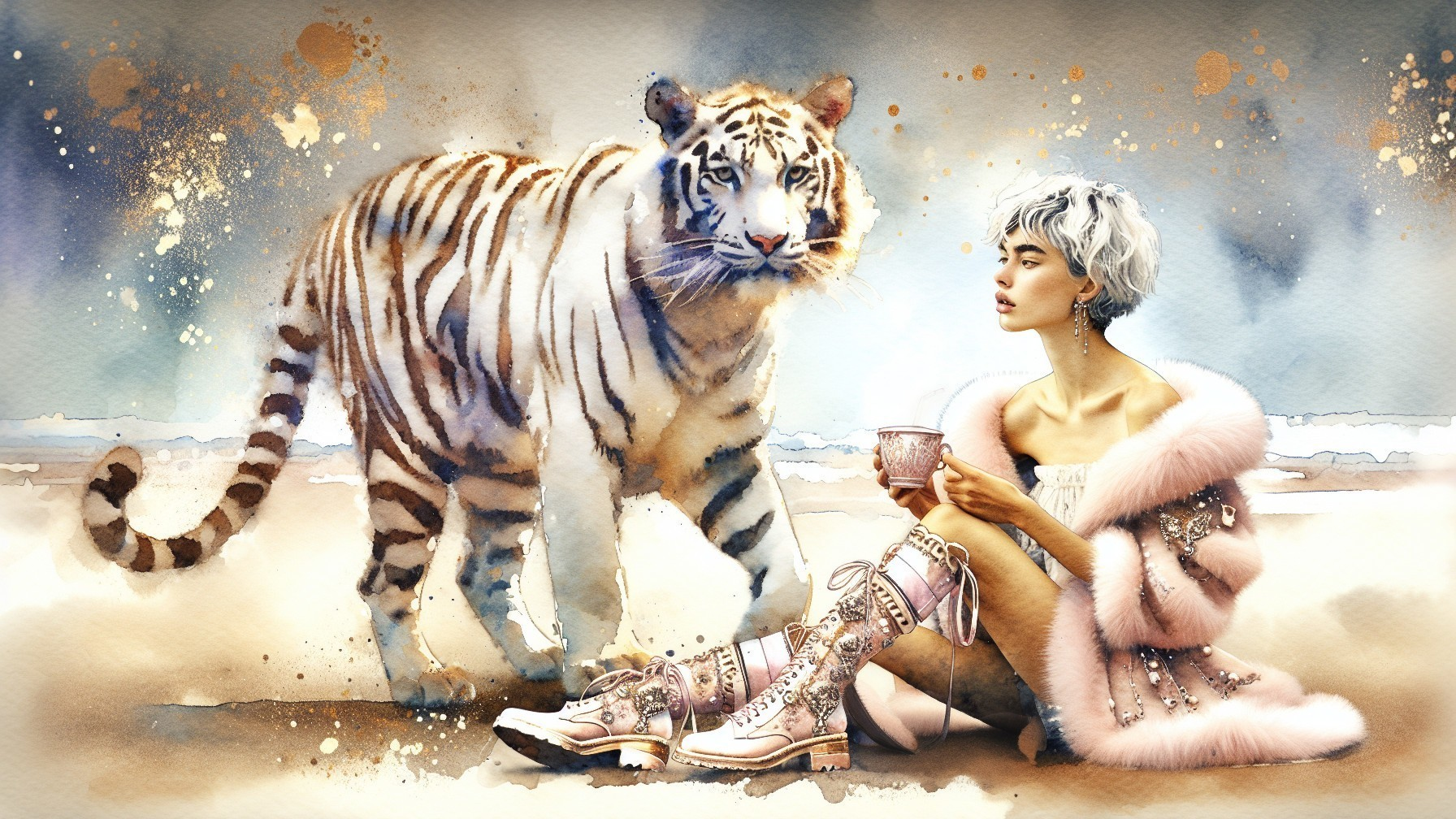 Fashionable Woman with Tiger in Soft Watercolor Art