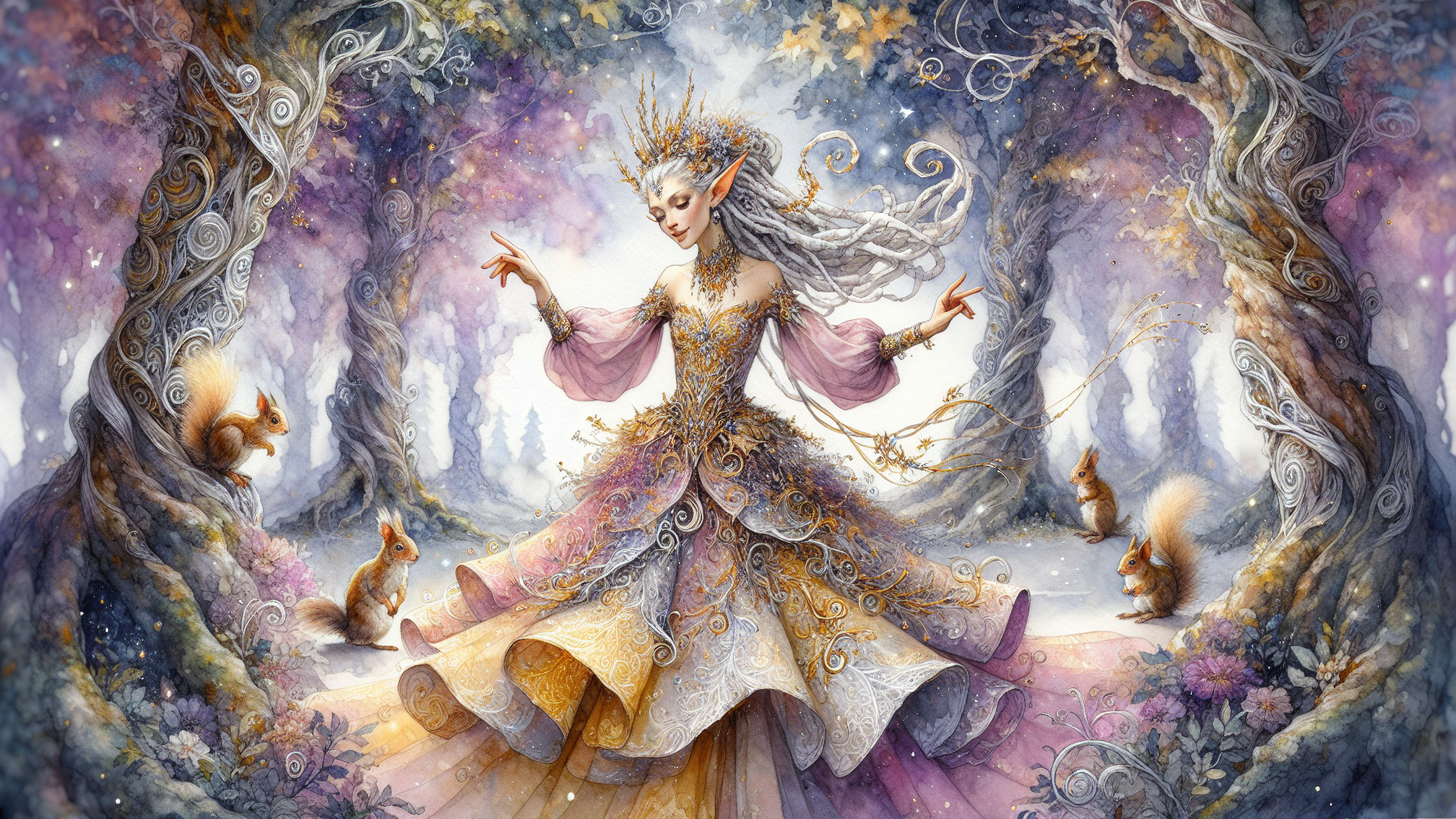 Elegant elf in ornate gown in mystical forest setting