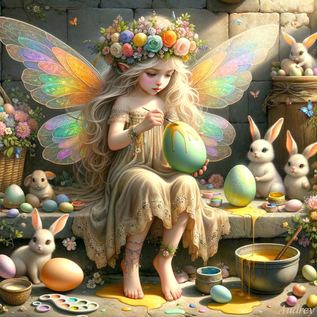 Whimsical Fairy Decorating a Pastel Egg in Garden