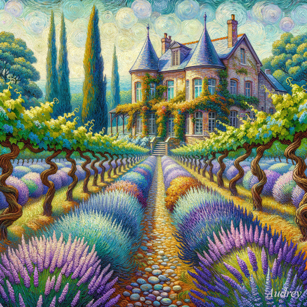 Vibrant Painting of a Stone House in a Garden