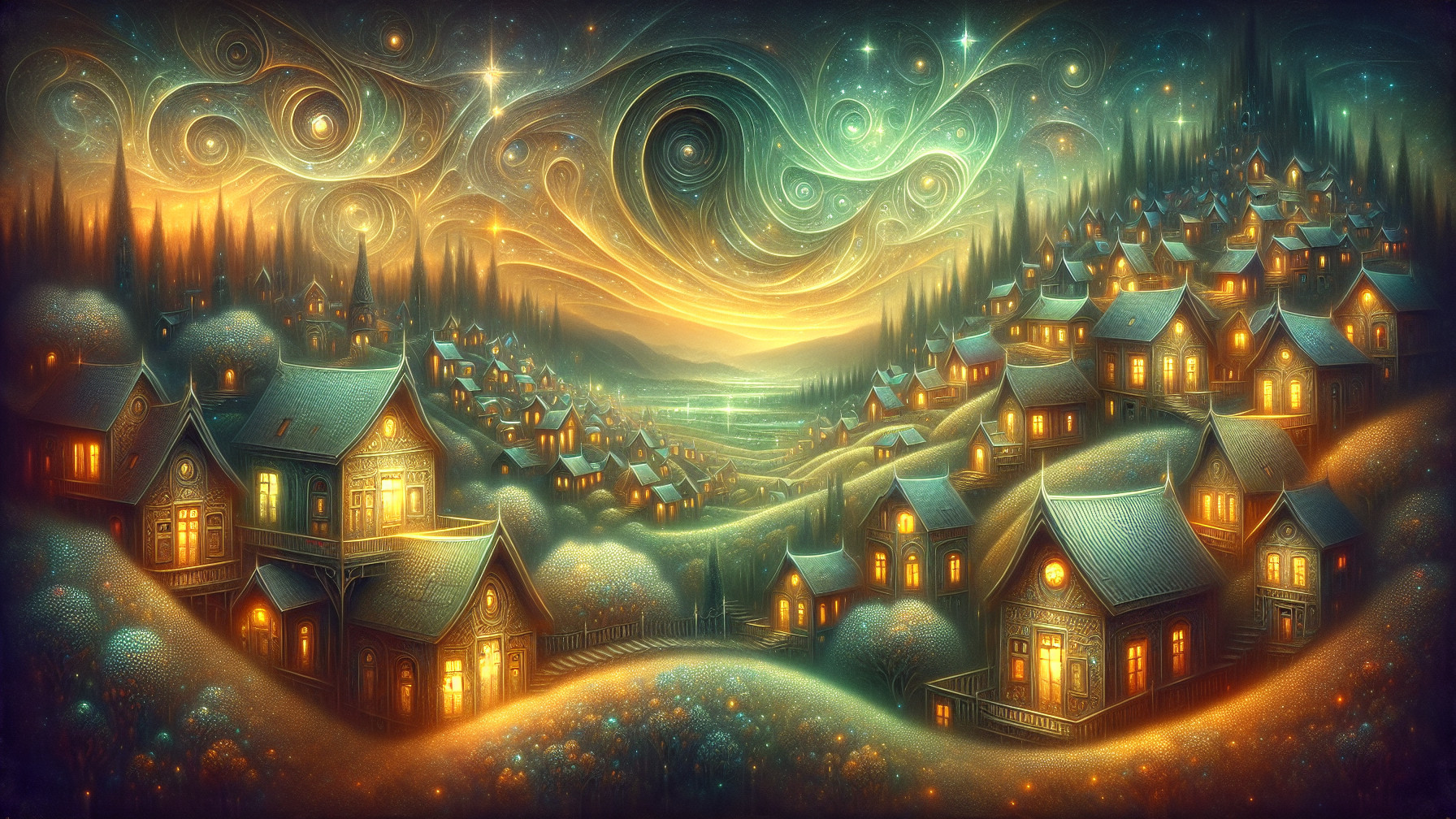 Whimsical Nighttime Scene with Glowing Houses and Stars