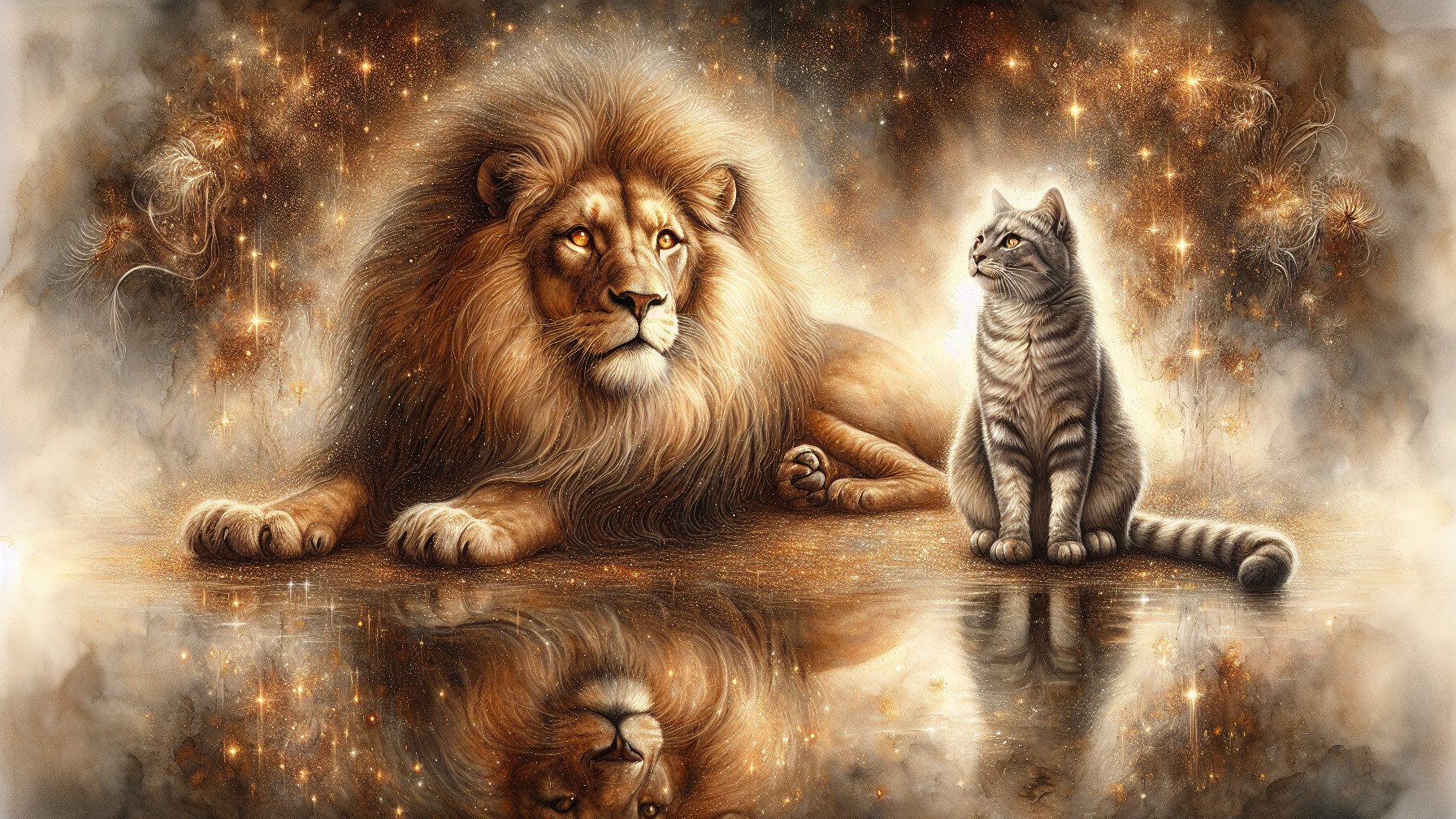 Lion and Cat in Serene Starry Landscape Reflection