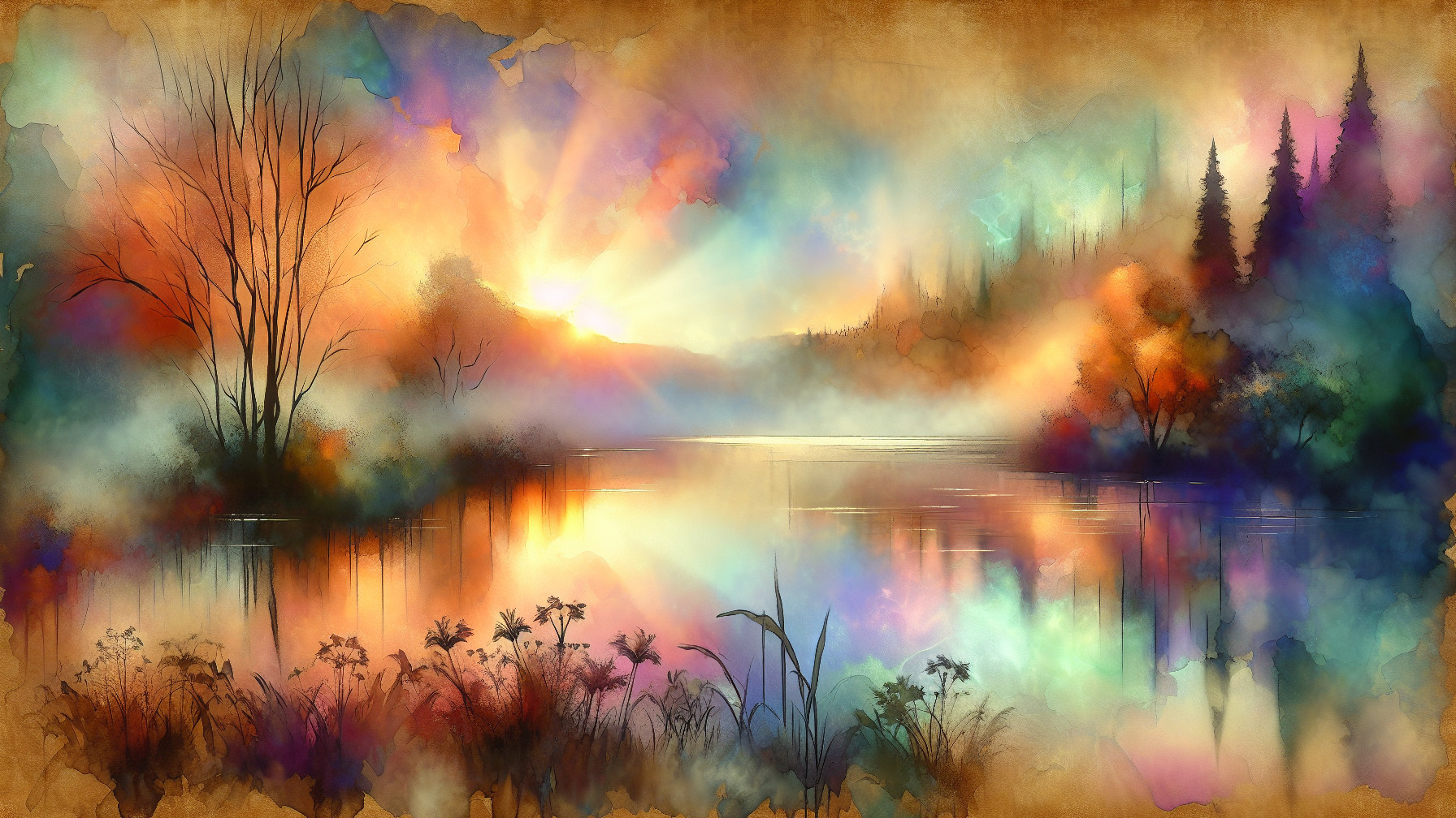 Vibrant Dawn Landscape with Serene Lake and Flowers