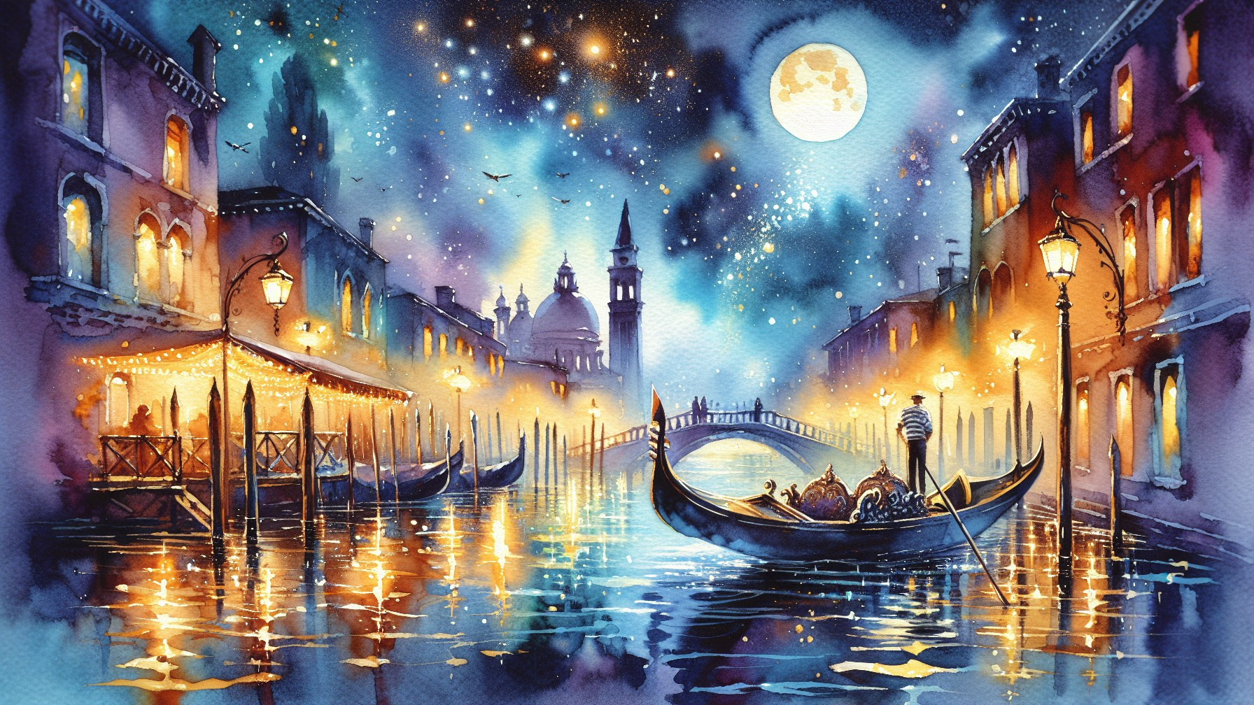 Nighttime Venetian Canal Scene with Moonlight and Lanterns