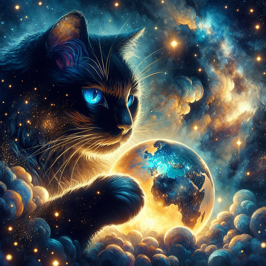 Cosmic Black Cat with Blue Eyes in Galactic Scene