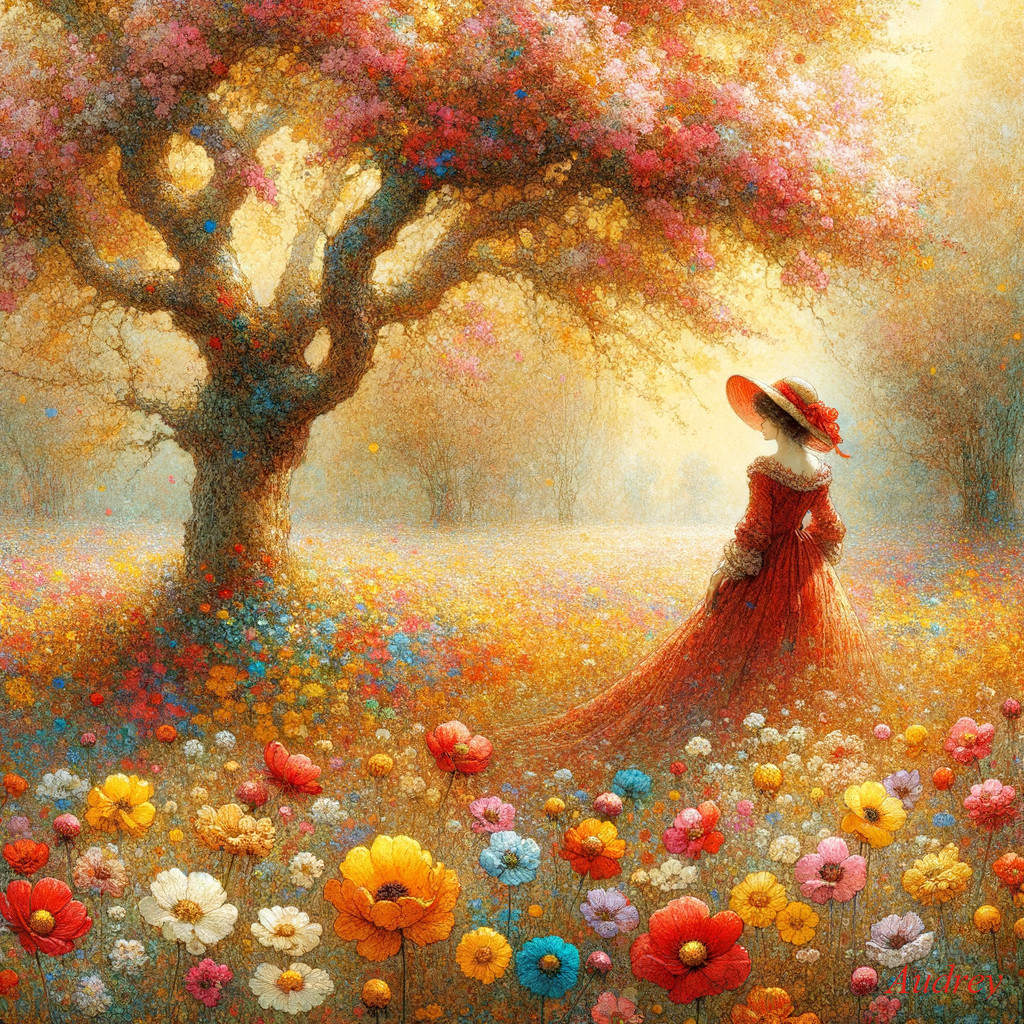 Woman in red dress under flowering tree in golden light