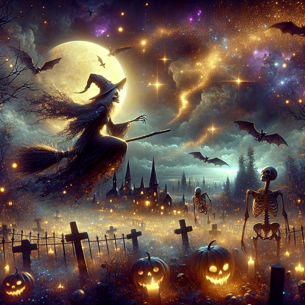Mystical Halloween Scene with Witch and Jack-o'-Lanterns