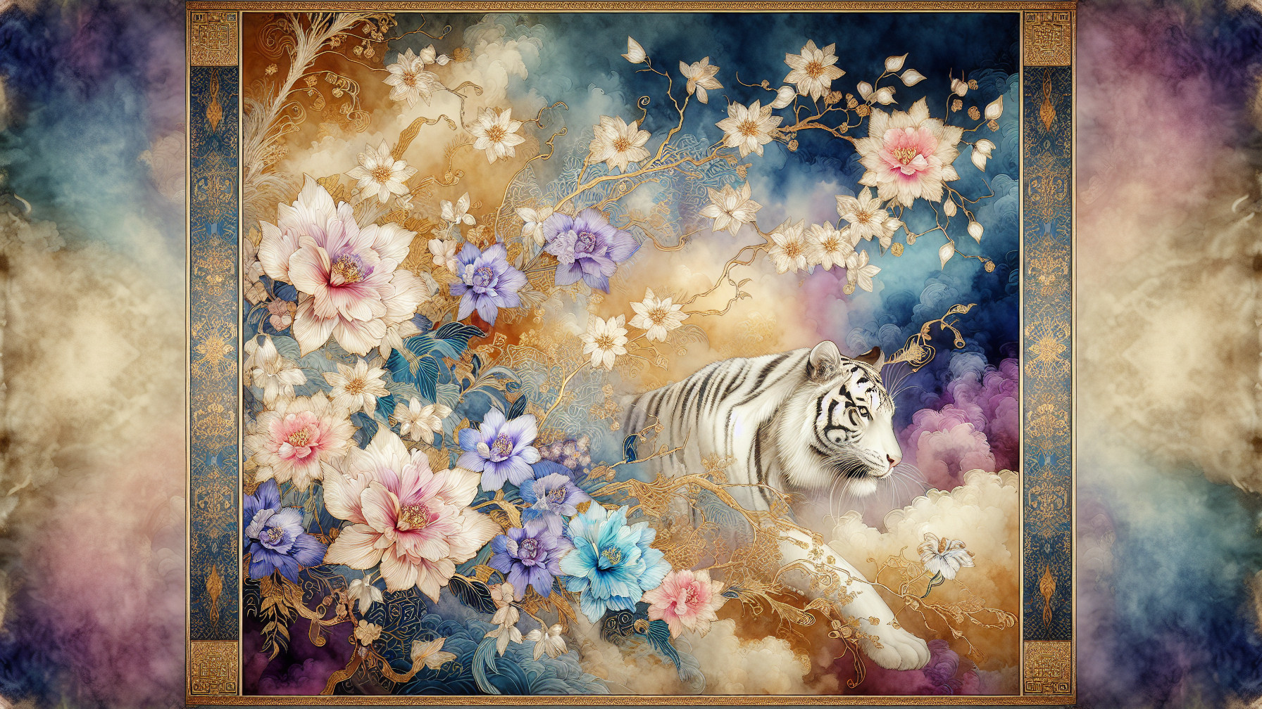 White Tiger in Blooming Flower Scene with Clouds