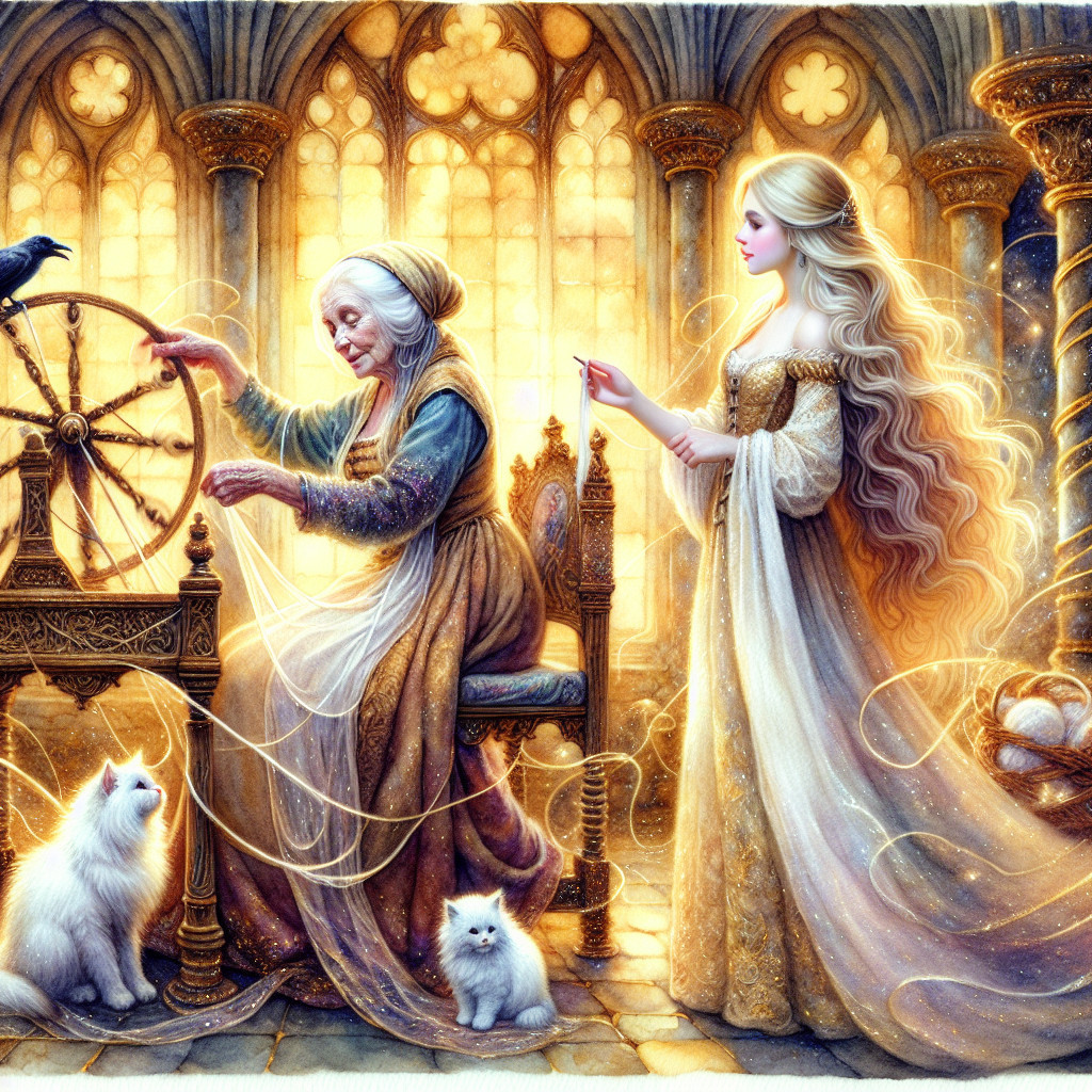 Elderly Woman Spinning Threads in Gothic Setting