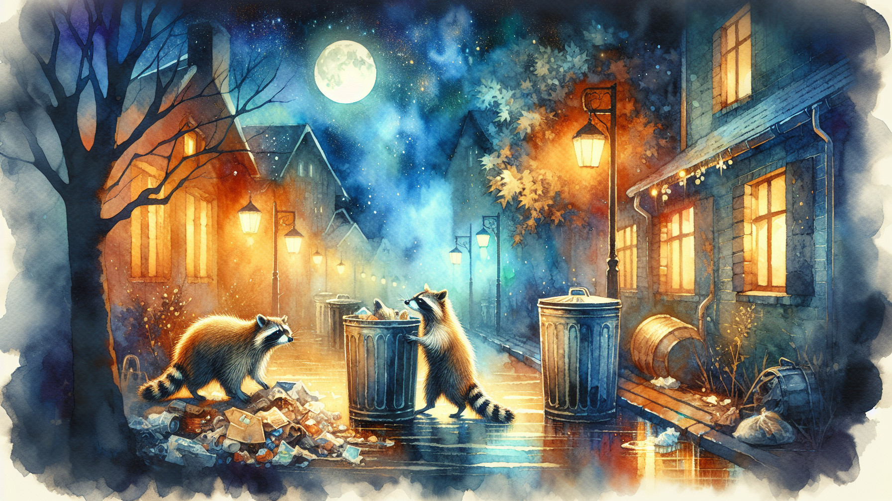 Moonlit Alley with Raccoons and Cozy Atmosphere