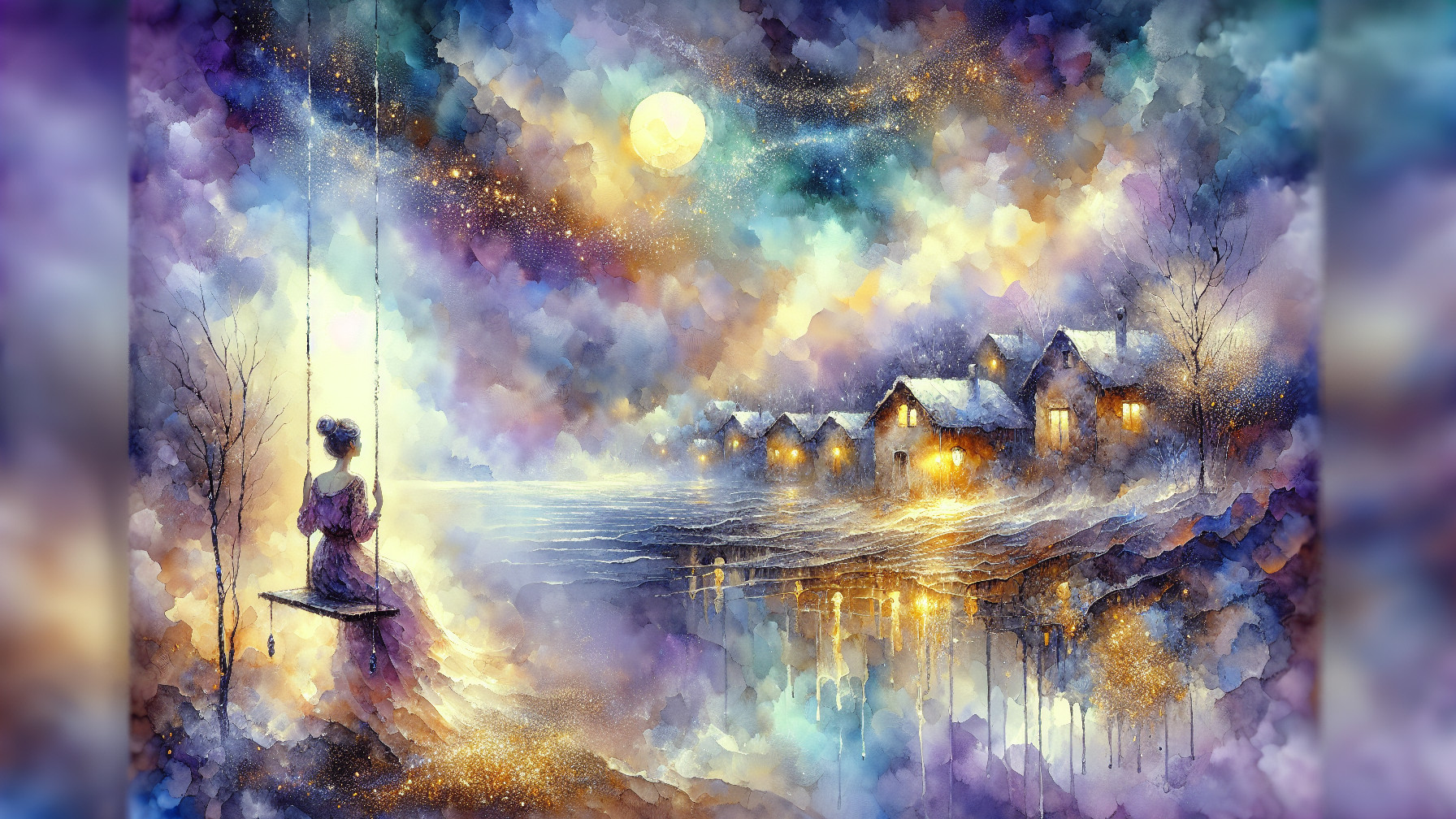 Dreamy Landscape with Swing by Shimmering Lake