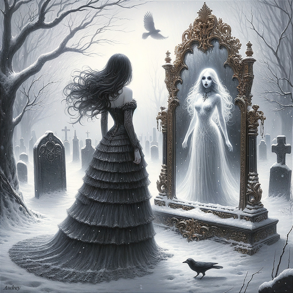 Snowy Graveyard with Woman and Ghostly Reflection