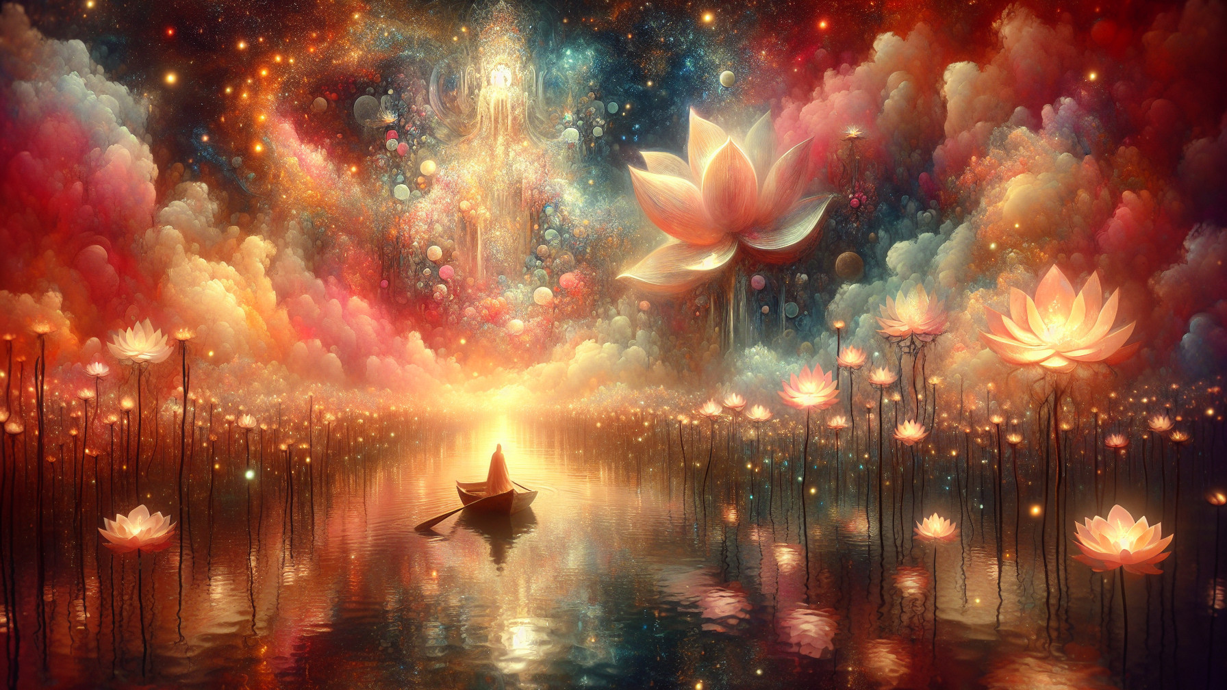 Mystical Landscape with Boat on Tranquil Lake