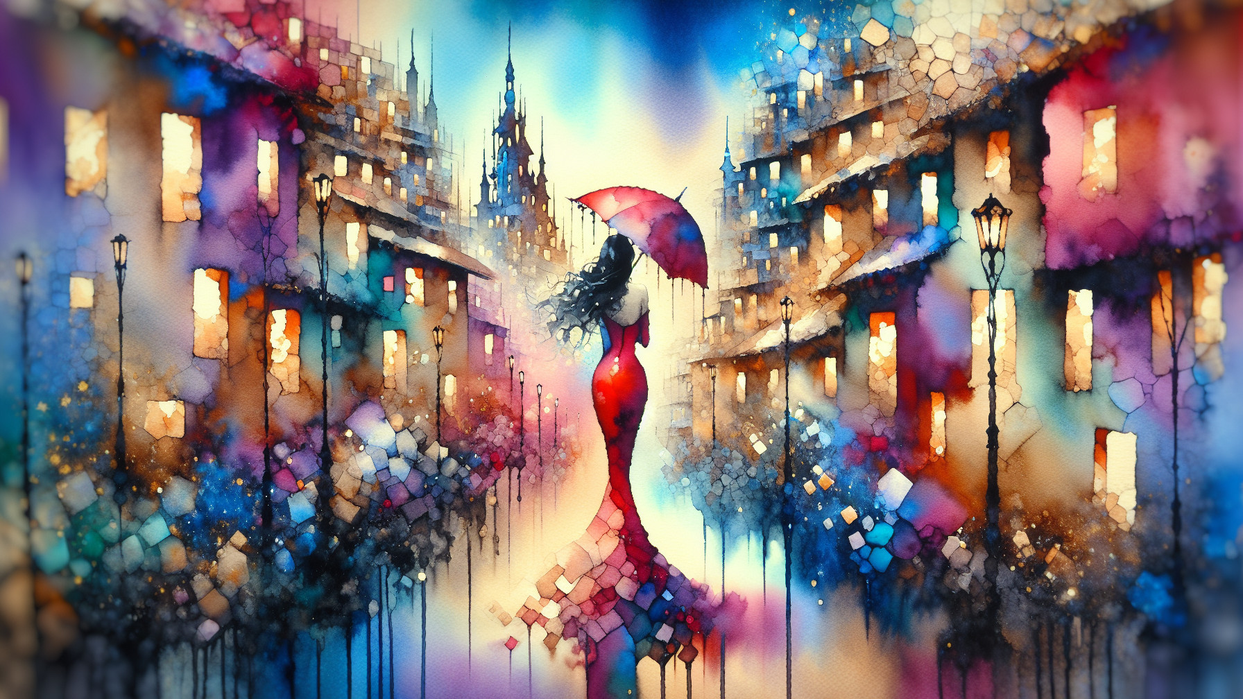 Watercolor Scene of Woman in Red Dress and Umbrella