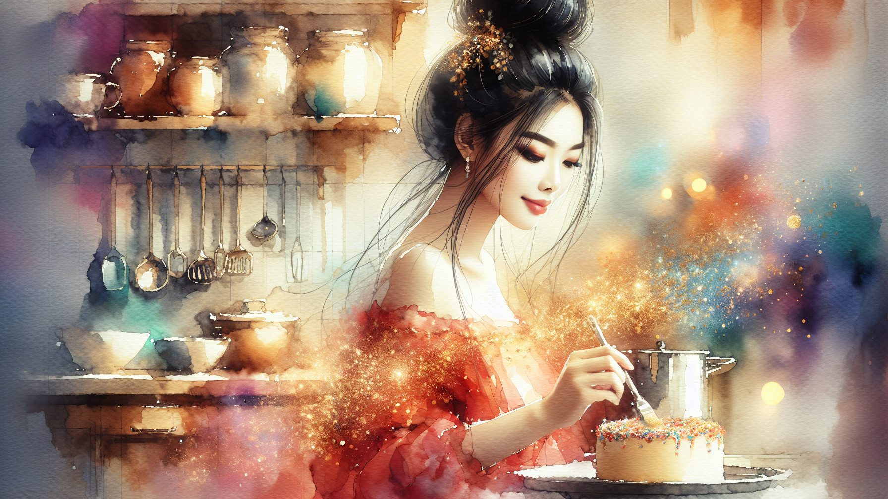 Serene Kitchen Scene with Cake Decoration and Watercolors