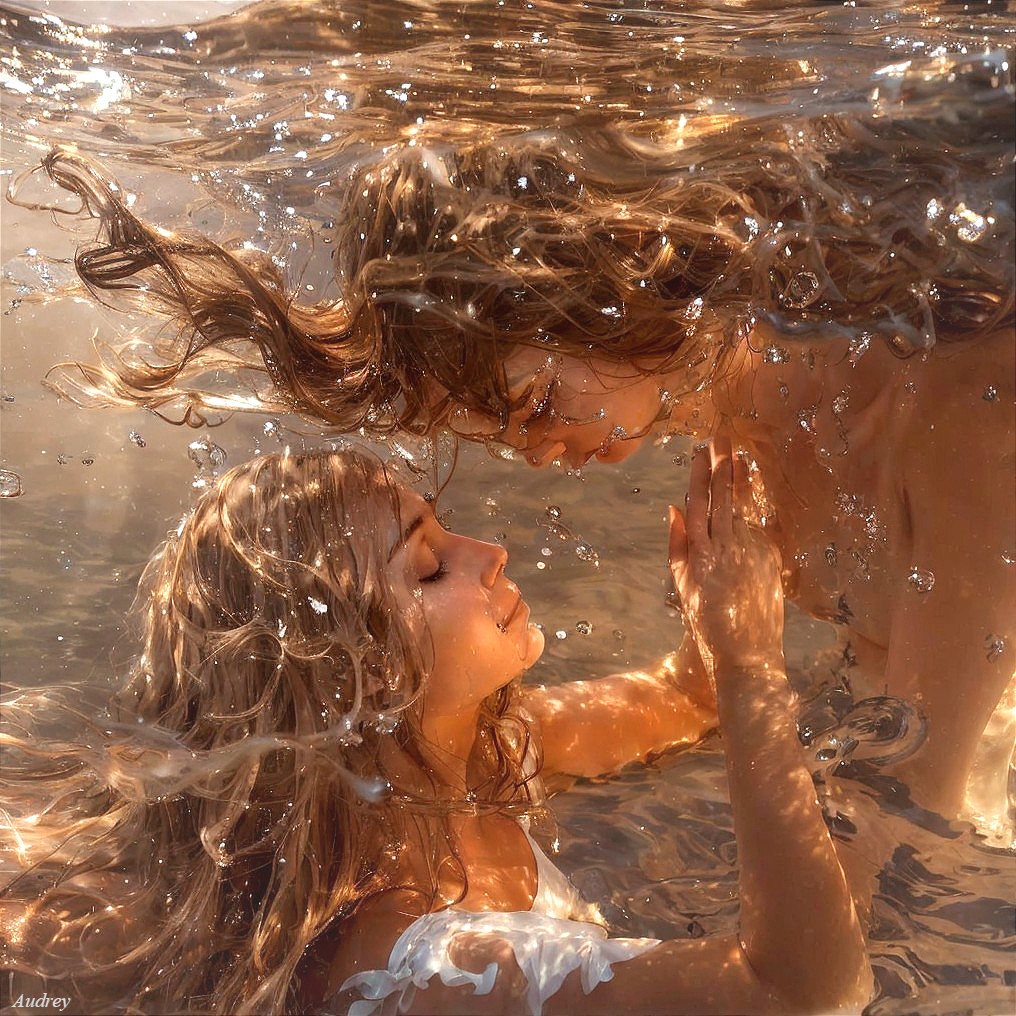 Figures Submerged in Water with Flowing Hair and Bubbles