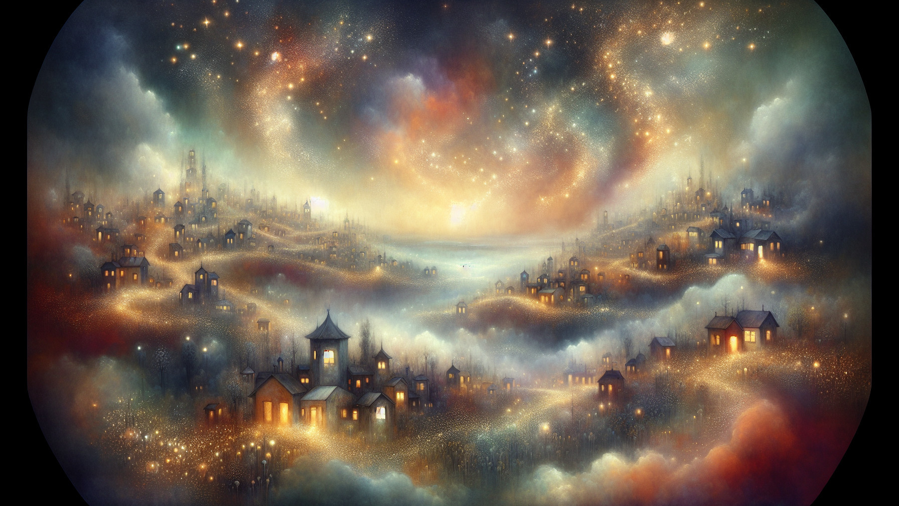 Dreamy Landscape with Quaint Houses and Cosmic Sky