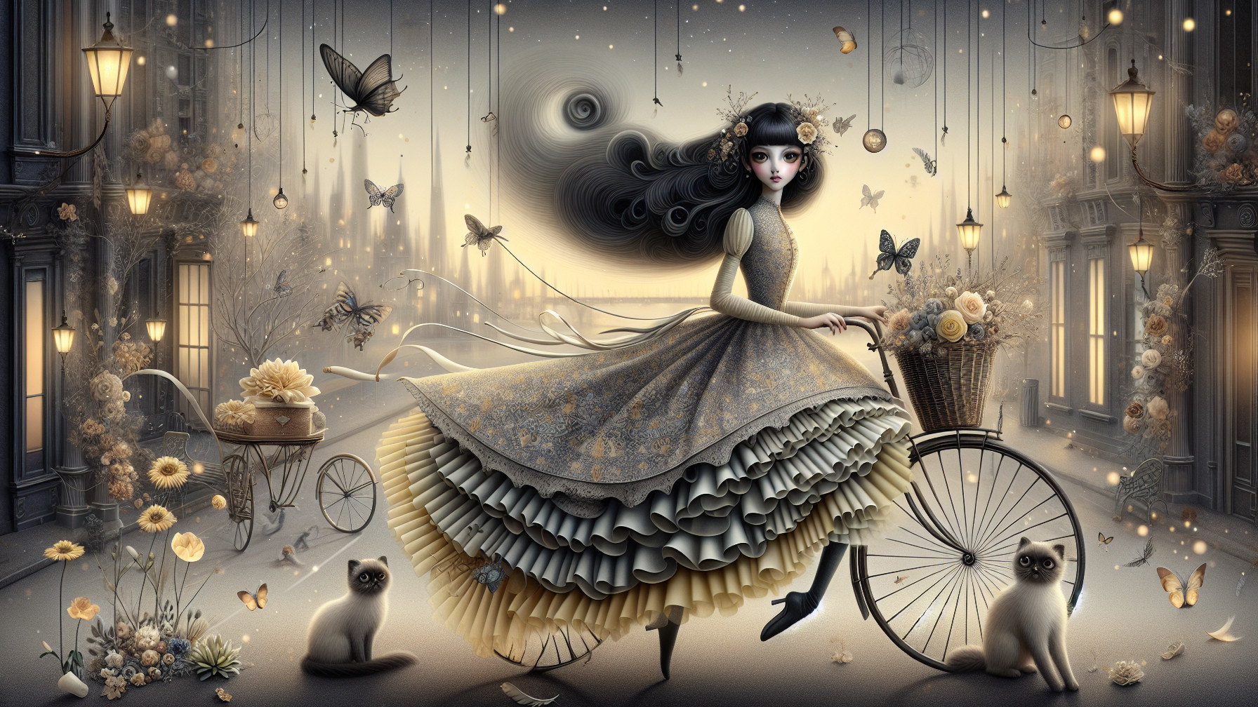 Whimsical Scene of Girl on Bicycle with Cats and Butterflies