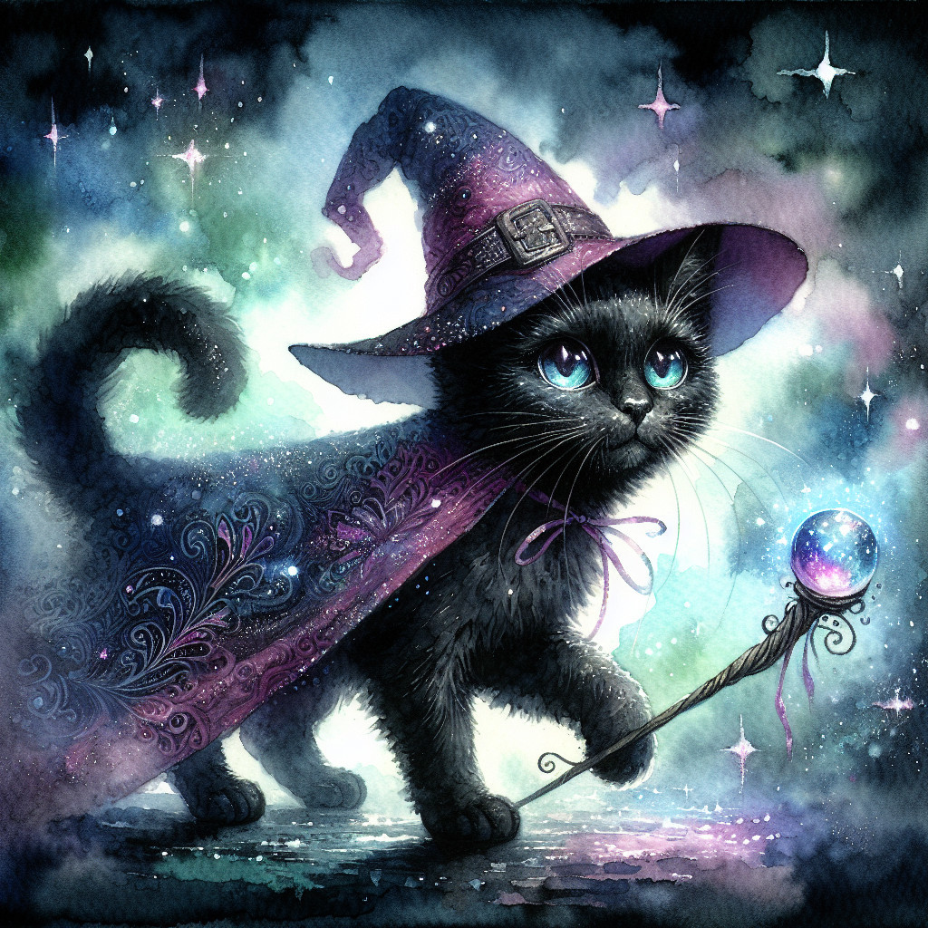 Whimsical Black Cat in Cosmic Witch Attire