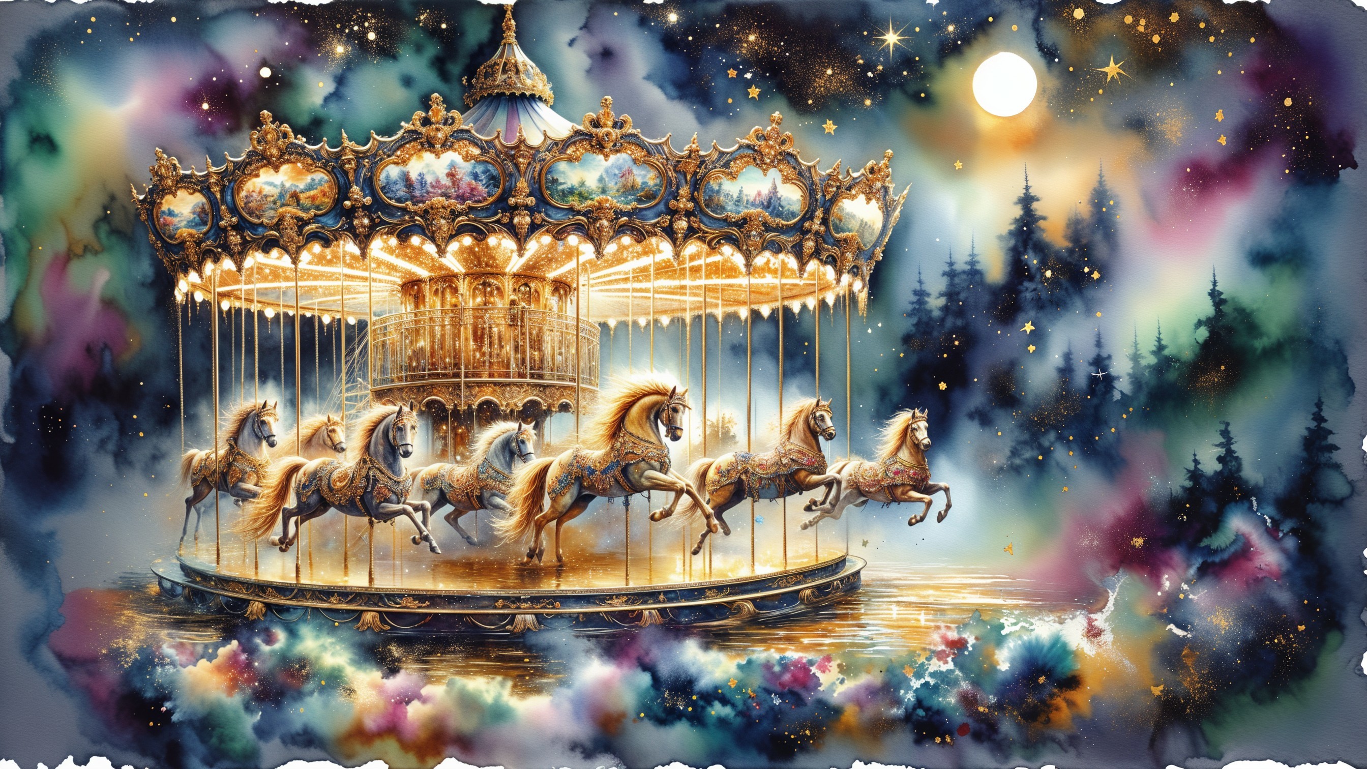 Illuminated Carousel Under a Dreamy Night Sky