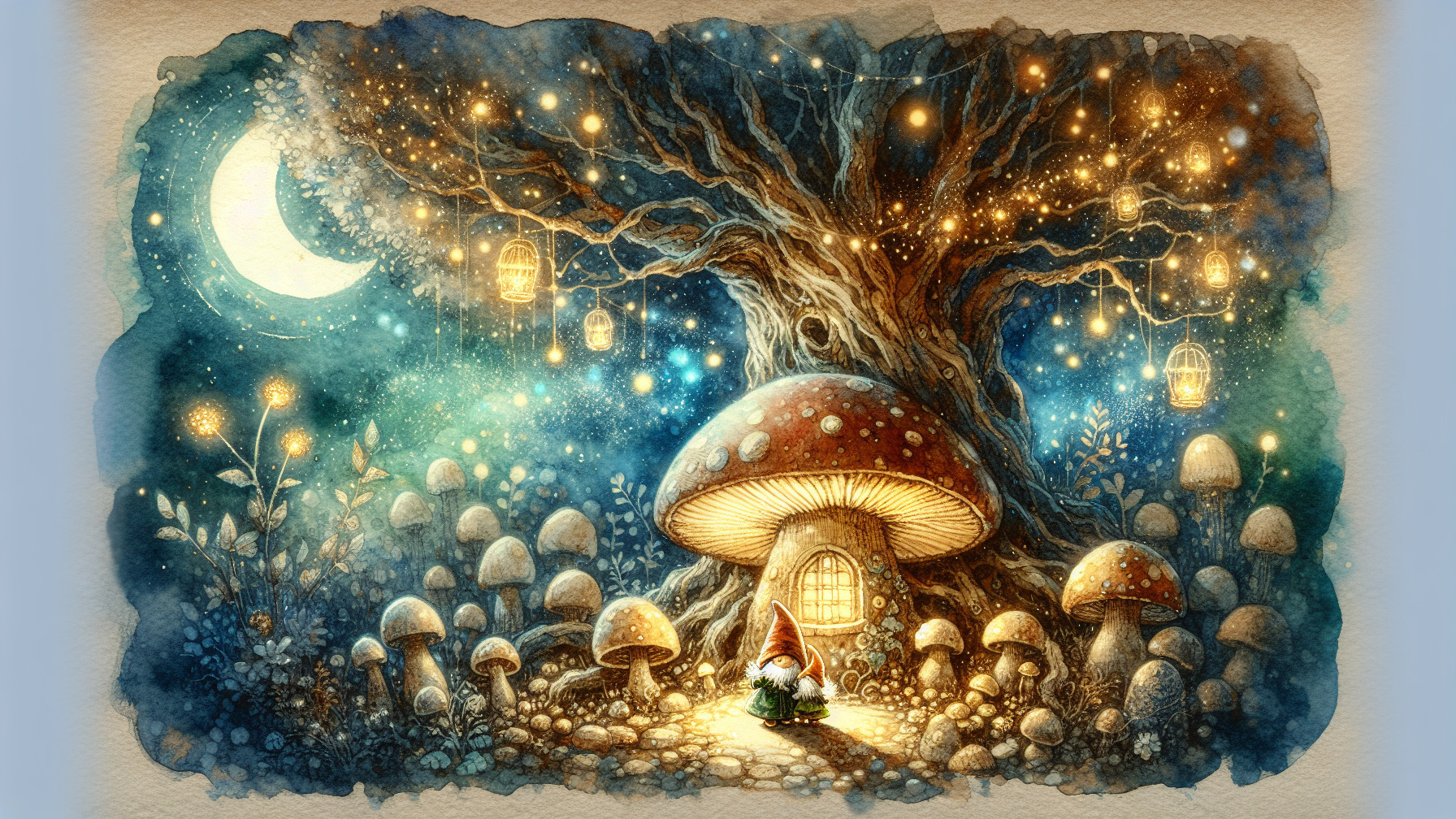 Moonlit Fantasy Forest with Mushroom House and Gnomes
