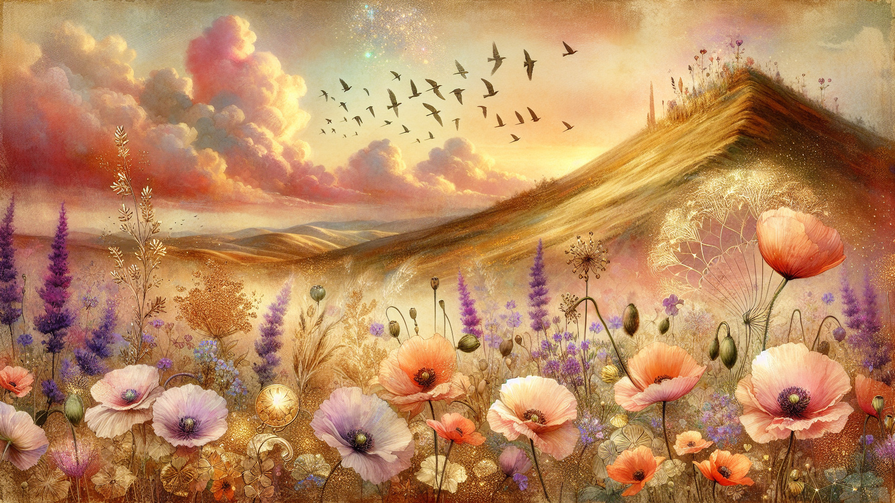 Serene Landscape with Hills, Flowers, and Birds