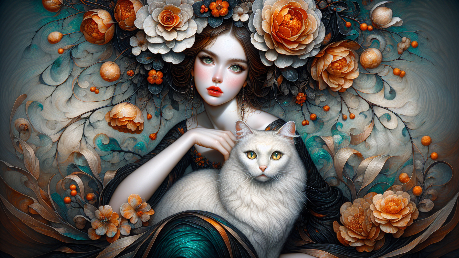 Detailed Illustration of Woman with Cat and Flowers