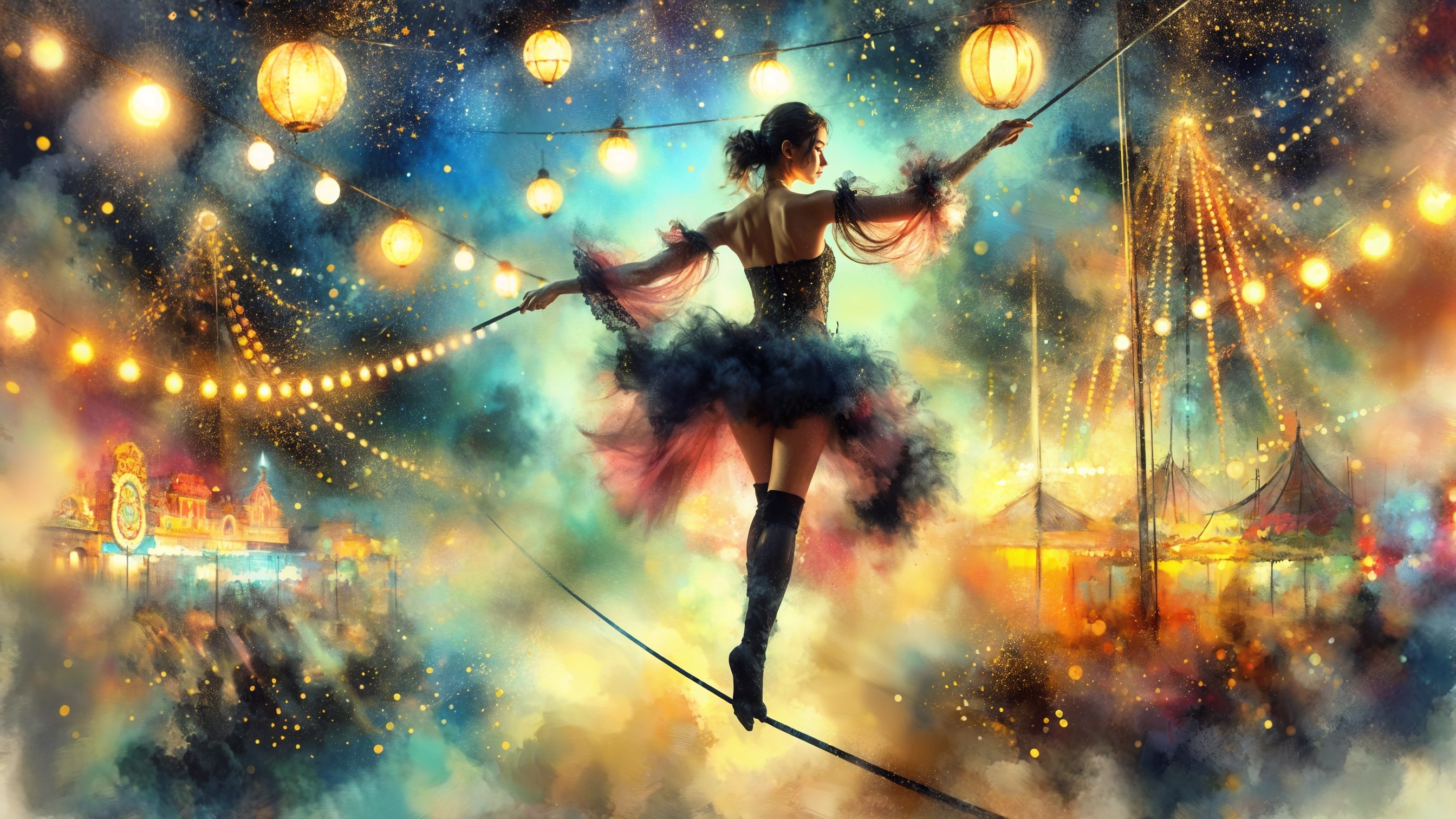 Tightrope Walker in Glamorous Costume at Circus