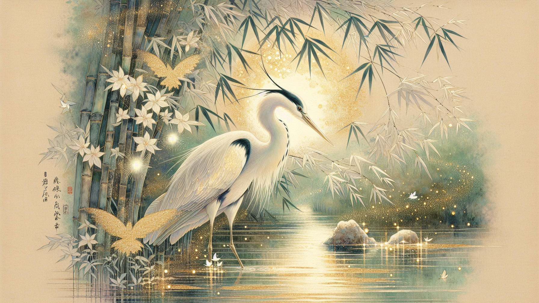 Serene Landscape with Heron and Tranquil Pond