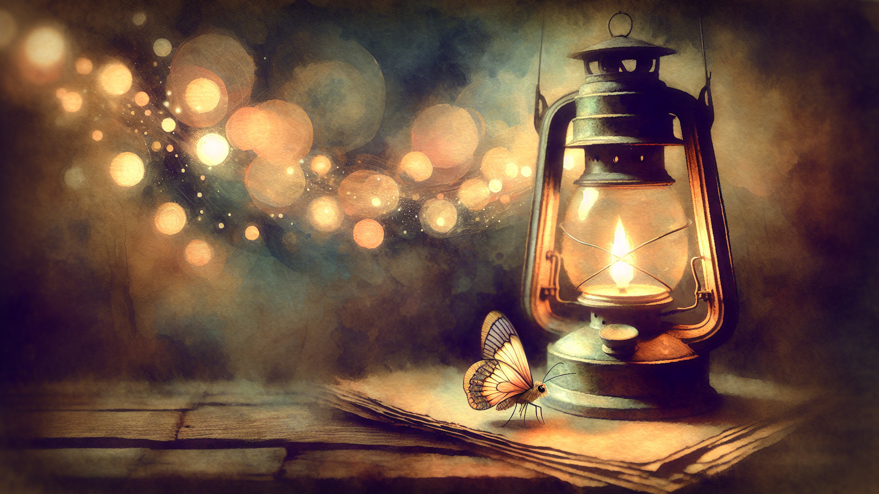 Vintage oil lantern and butterfly in cozy setting