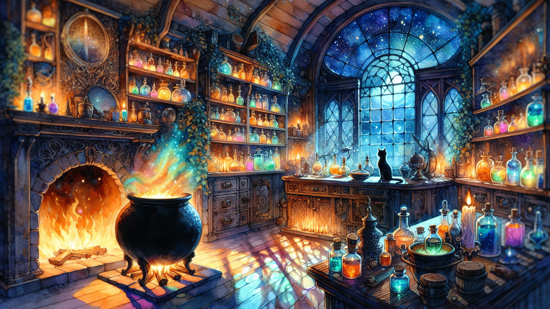 Vibrant Potion Lab with Cauldron and Starry Sky