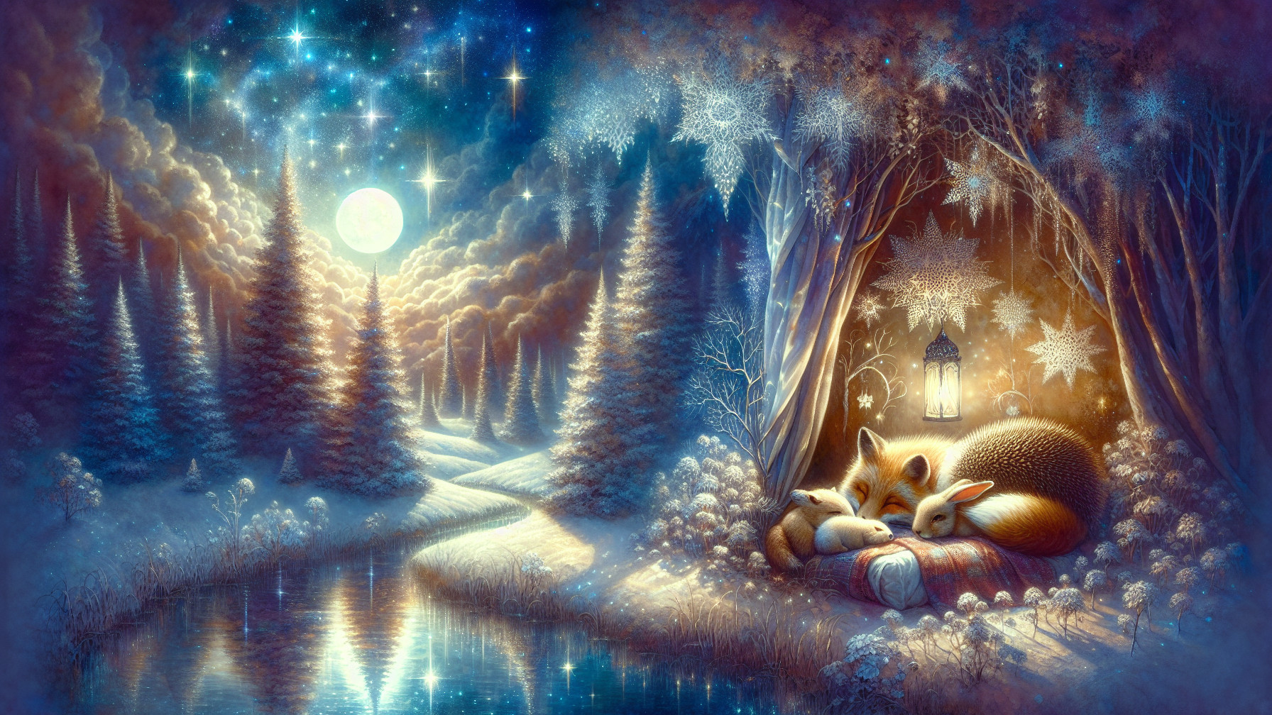 Winter Wonderland Scene with Moonlit Wildlife